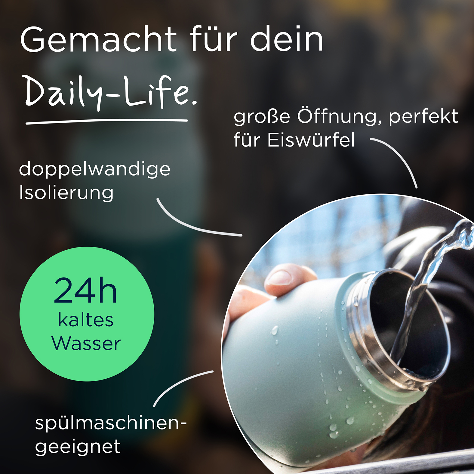 Grafik: BRITA LARQ Essential Flasche mit Kühlvorteil BRITA LARQ Essential Flasche mit Eiswürfeln, 24 h kaltes Wasser.