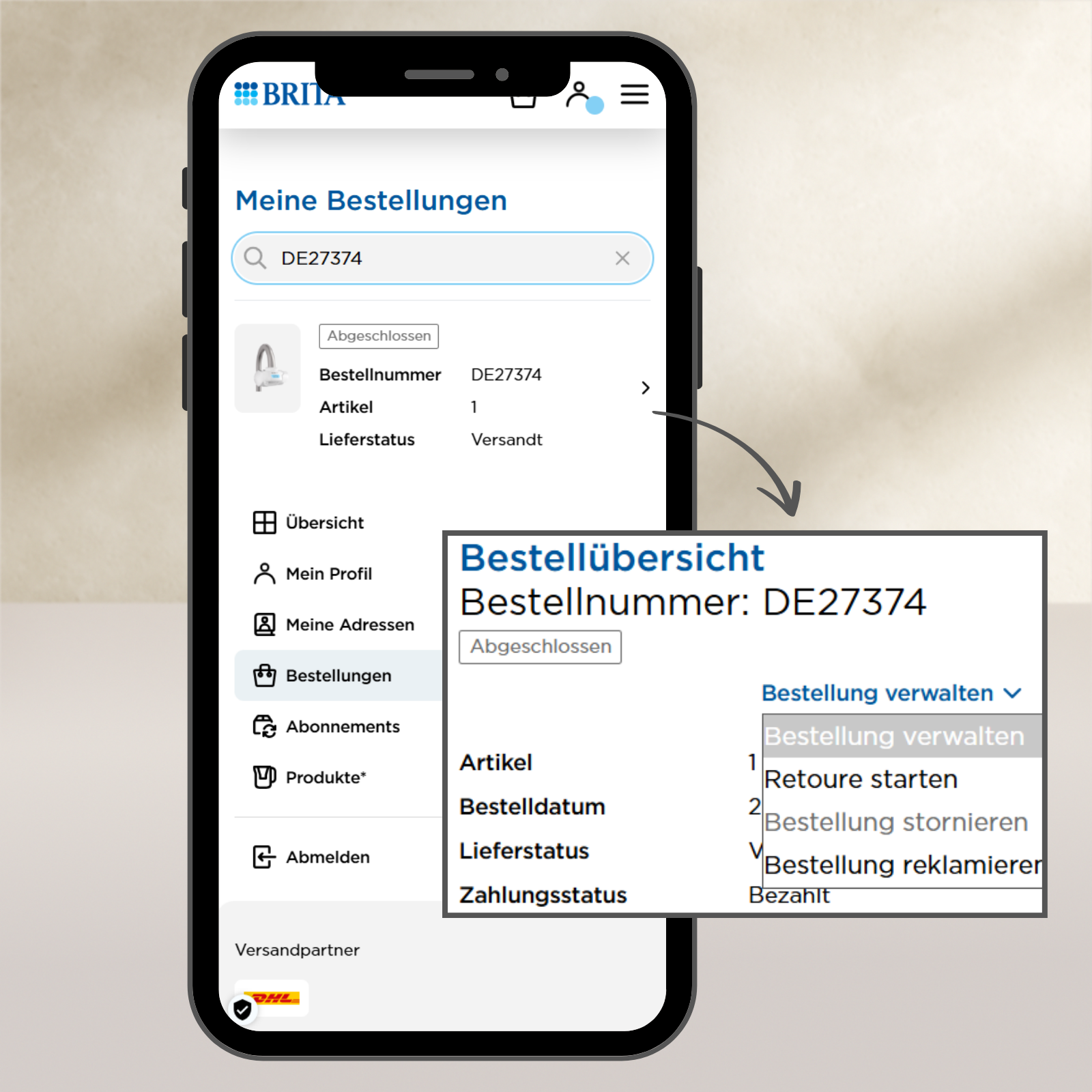 Smartphone mit Screenshot der MyBRITA Bestellübersicht Smartphone mit Screenshot der MyBRITA Bestellübersichtsseite