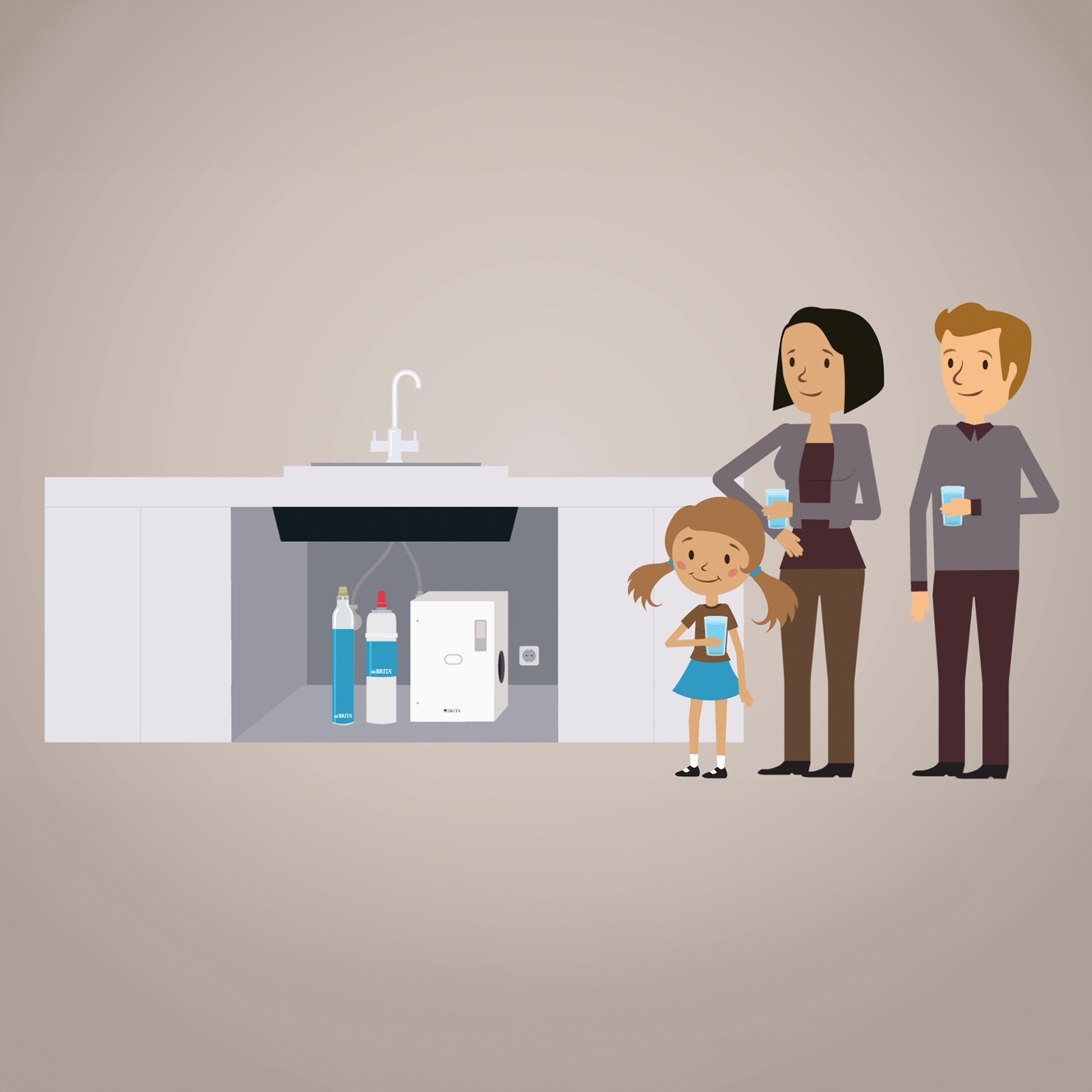 Grafik einer Familie in einer Küche neben youre pro select Grafik einer Familie mit Kind steht lächelndd in ihrer Küche mit dem yource pro select