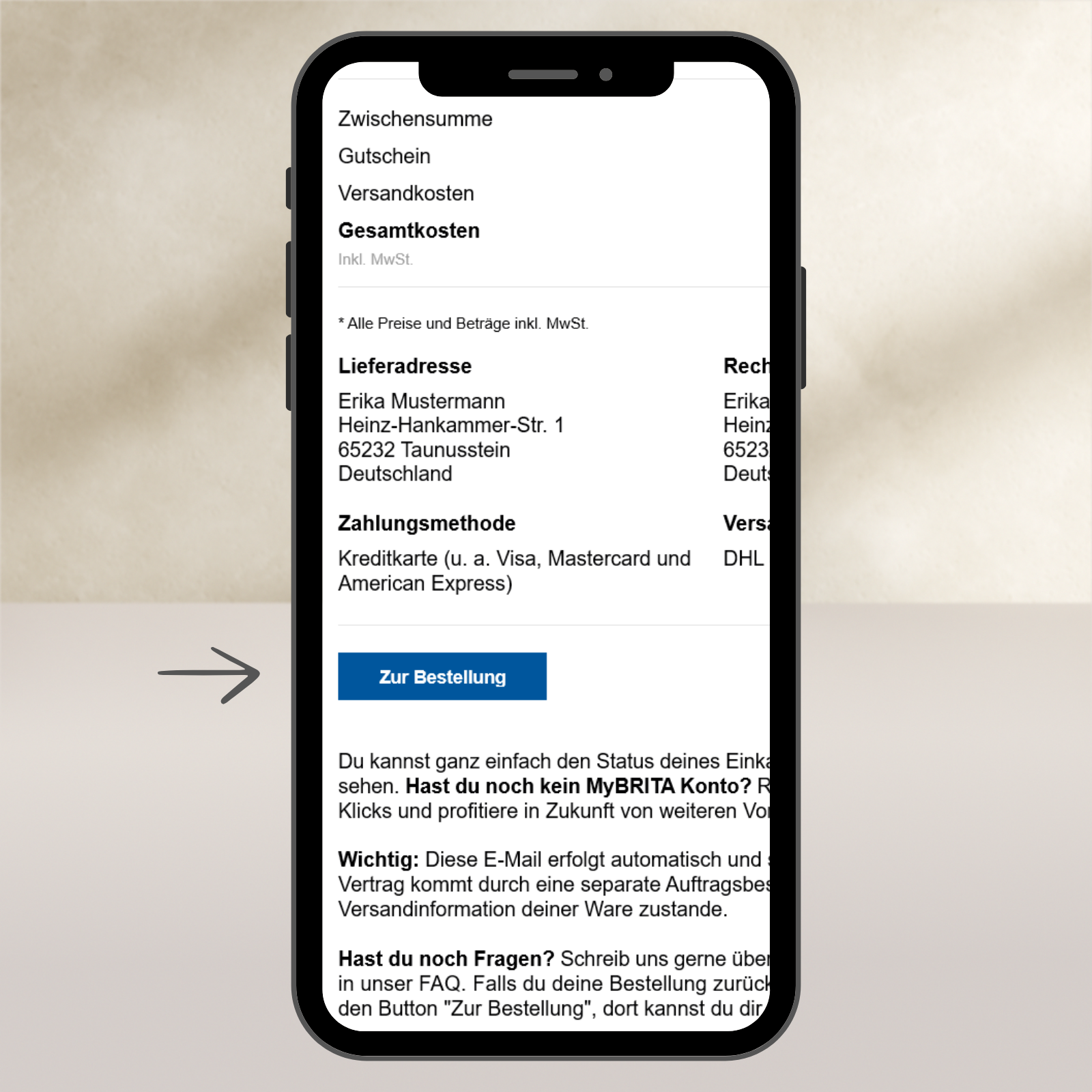 Smartphone mit BRITA-Bestellmail Smartphone mit BRITA-Bestellmail und Button "zur Bestellung"