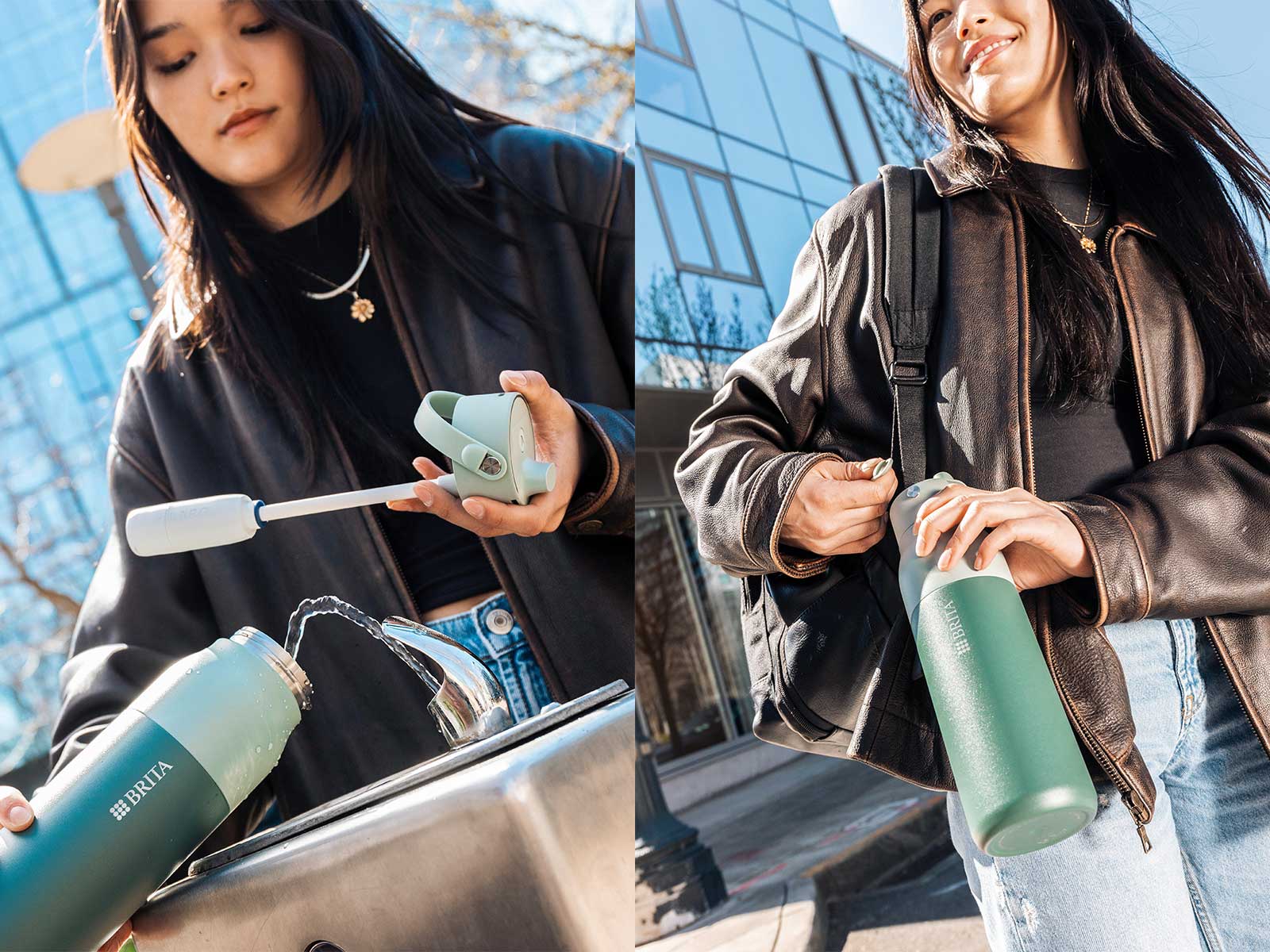 Splitbild: Frau füllt BRITA LARQ Filterflasche an Trinkbrunnen und trägt die Flasche unterwegs