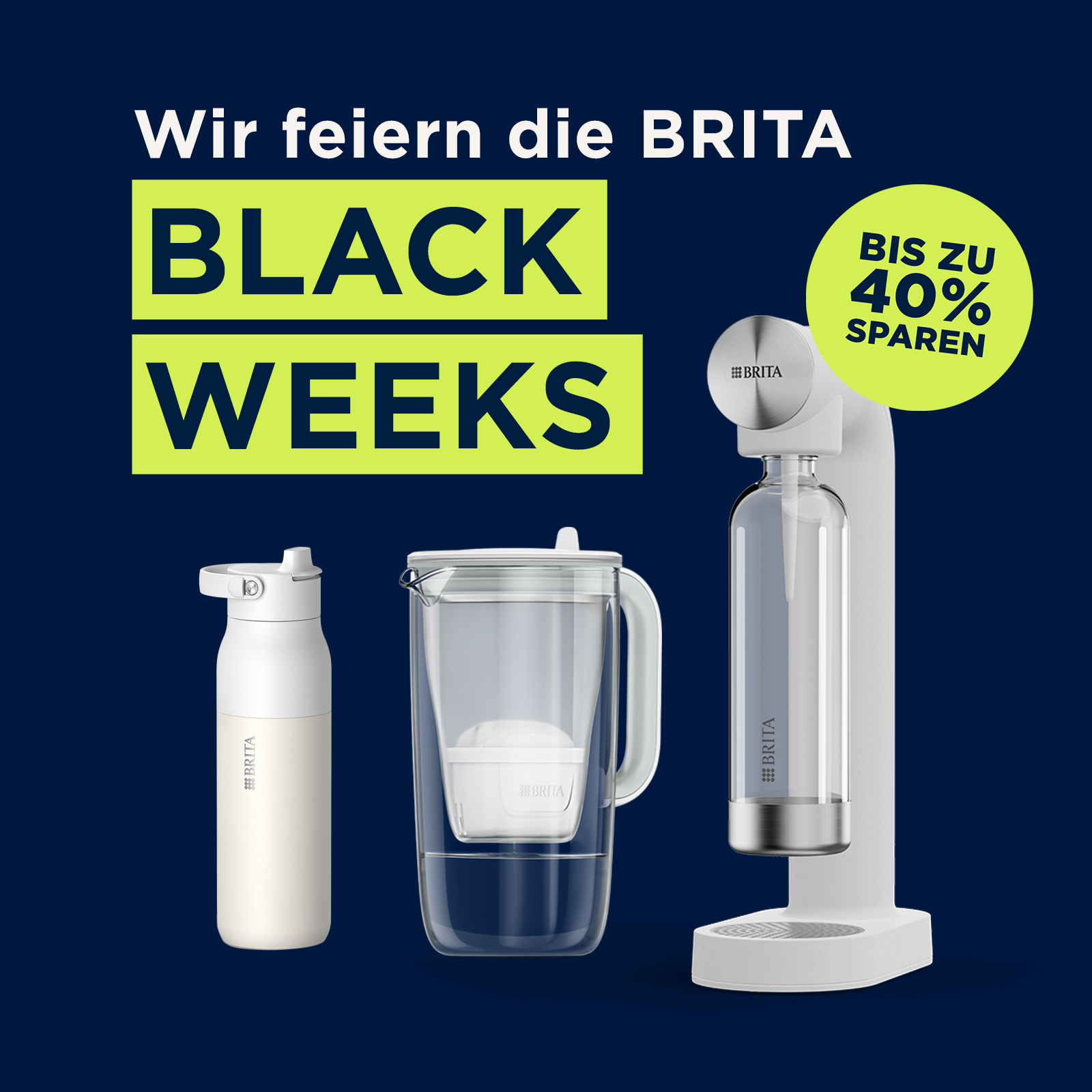 BRITA Black Weeks: Tischwasserfilter Glas, sodaONE Wassersprudler und BRITA LARQ Filter-Trinkflasche