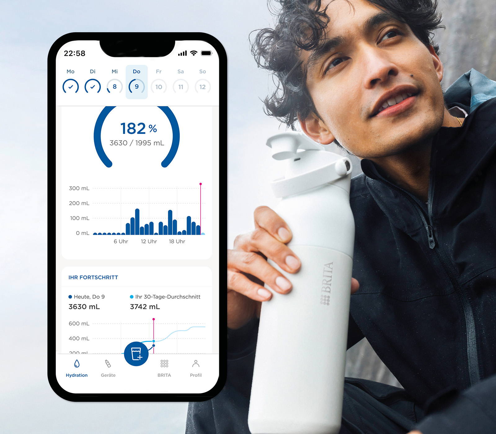 Junger Mann mit BRITA LARQ Flasche und Handy mit LARQ App Ein junger Mann trinkt an einer BRITA LARQ Flasche, daneben ein Handy mit BRITA LARQ App.