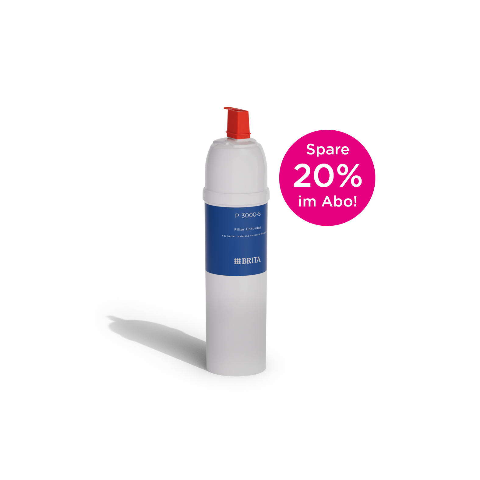 Die BRITA Wasserfilterkartusche P 3000 S ohne Hintergrund mit Abohinweis