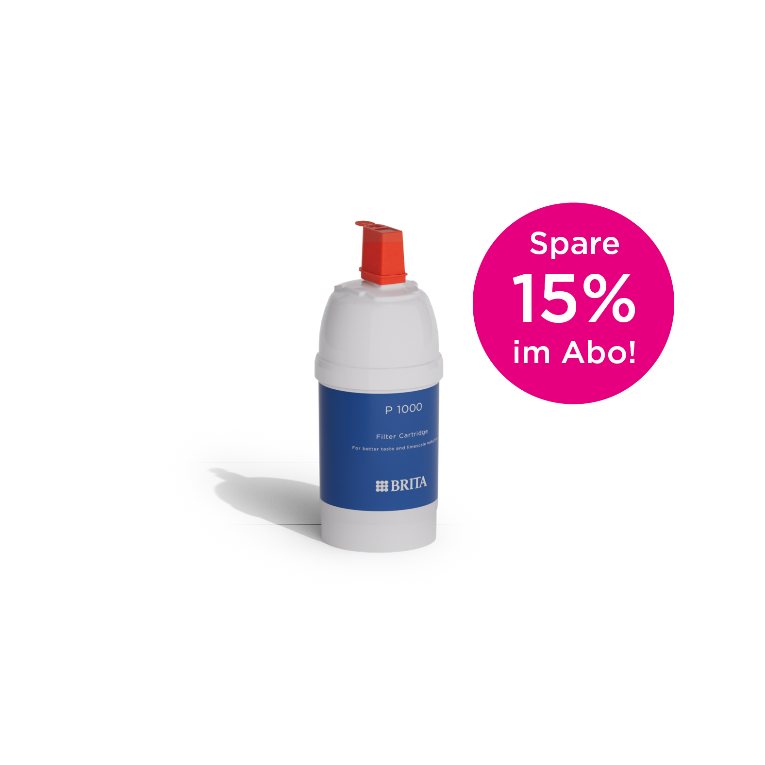 Die BRITA Wasserfilterkartusche P 1000 ohne Hintergrund mit Abo-Hinweis