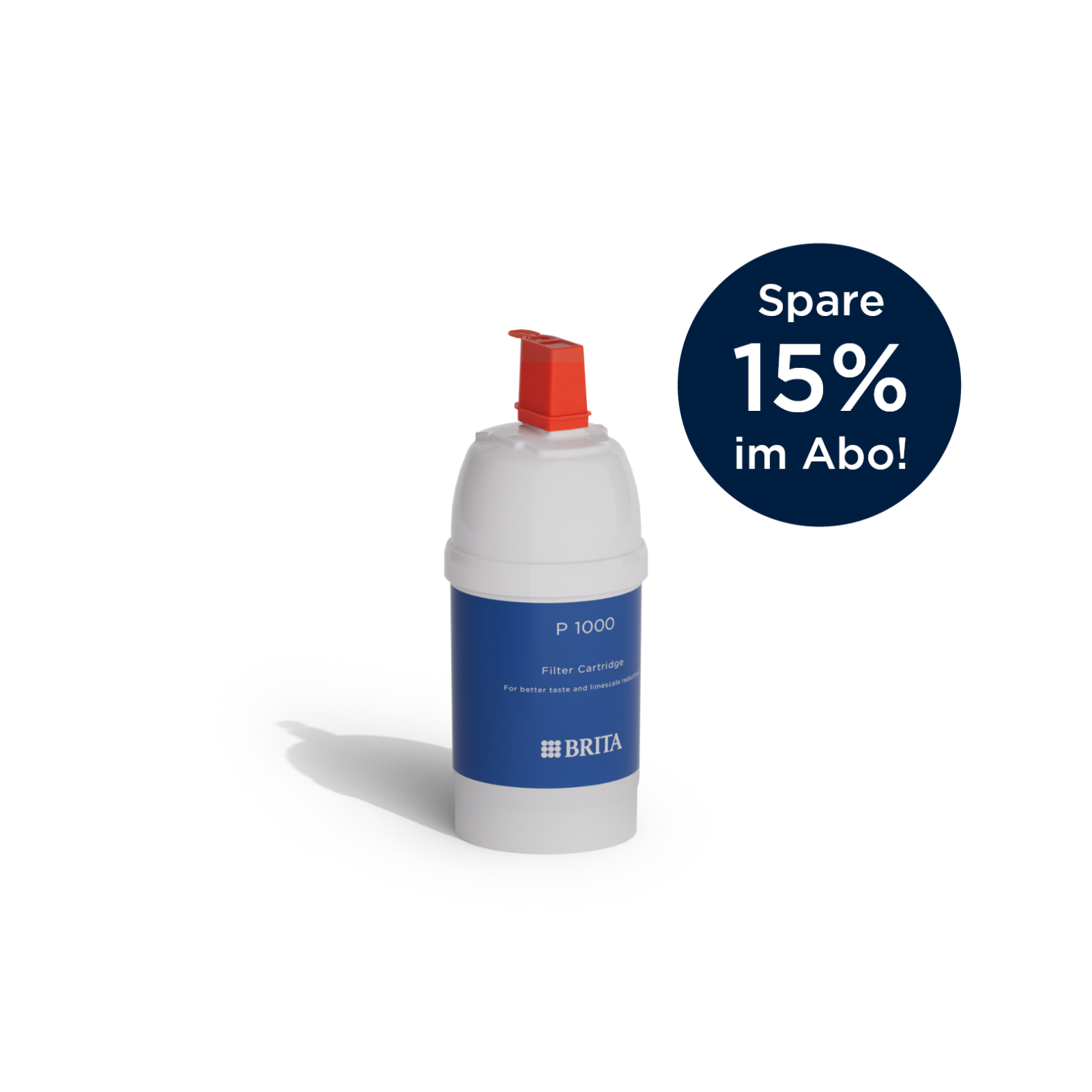 Die BRITA Wasserfilterkartusche P 1000 ohne Hintergrund mit Abo-Hinweis