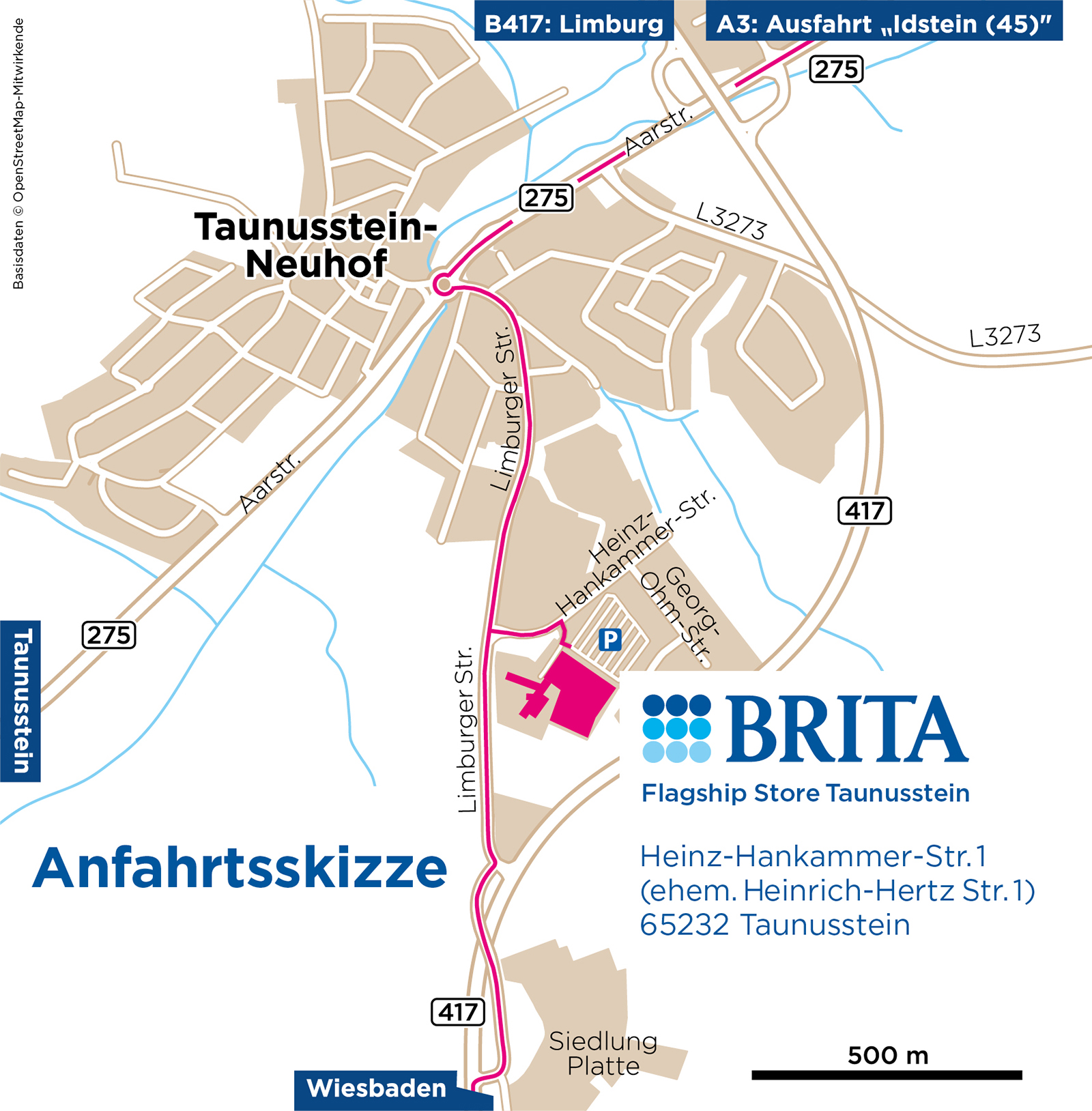 Anfahrtsskizze Firma BRITA SE in Taunusstein Anfahrtsskizze zum BRITA Flagship Store in Taunusstein.
