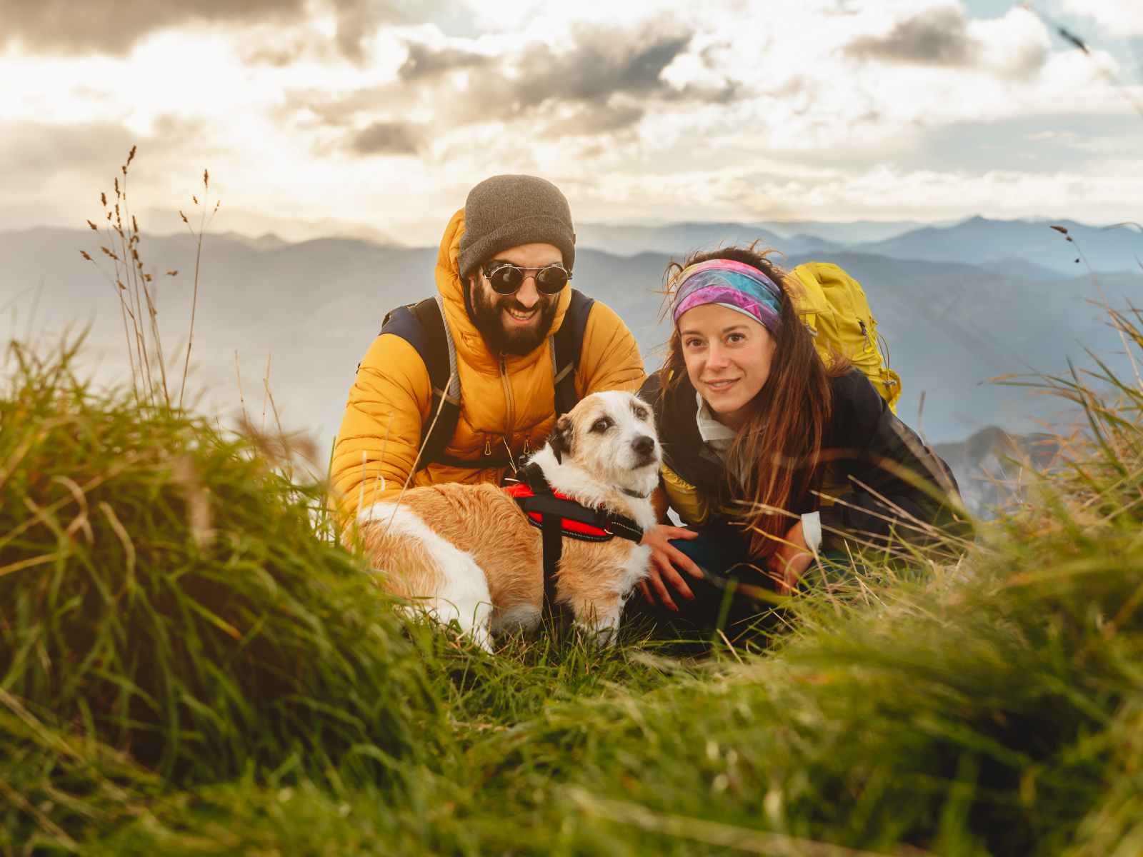 Mann und Frau wandern mit ihrem Hund
