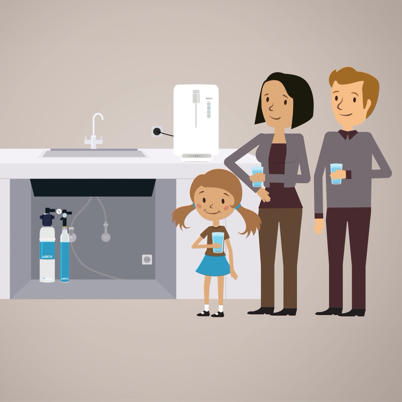 Grafik einer Familie in einer Küche neben youre pro top Grafik einer Familie mit Kind steht lächelnd in ihrer Küche mit dem yource pro top Wasserspender.