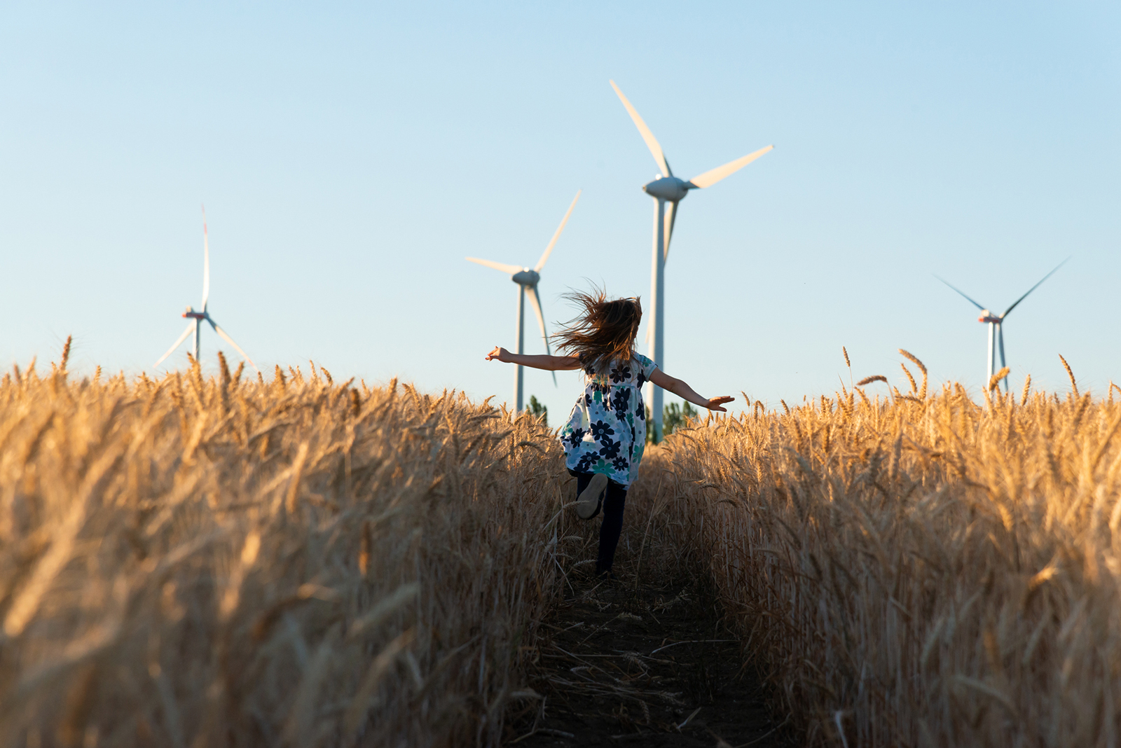 Mädchen rennt durch ein Kornfeld mit Windrädern im Hintergrund