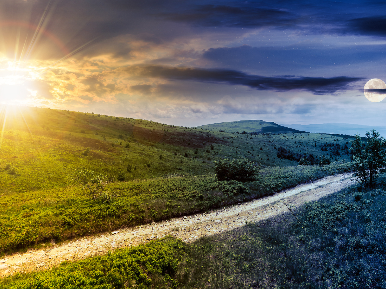 Landschaft gesplittet in Tages- und Nachtzeit