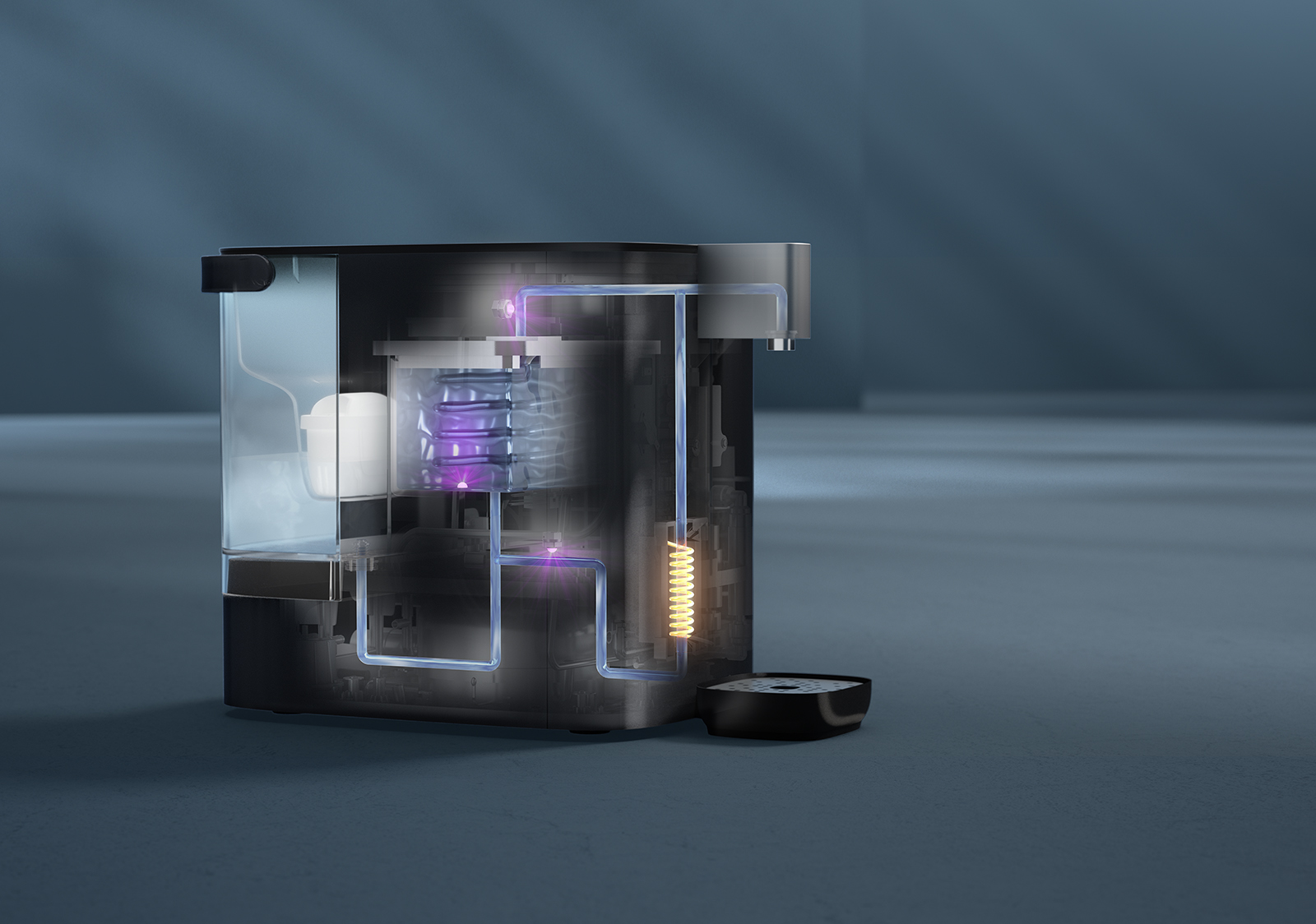 Stilisierte Darstellung der UV-C Technologie im BRITA Cube Cool Wasserspenders
