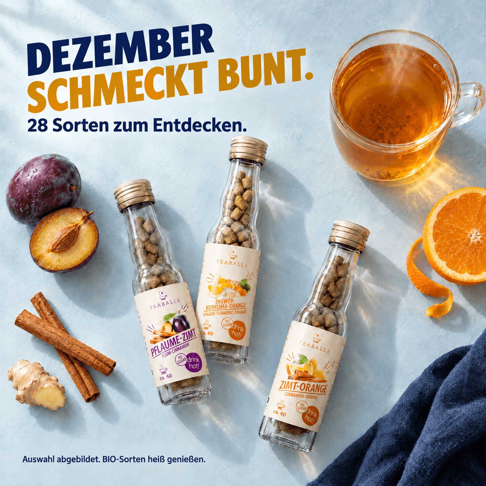 TEABALLS Sorten mit Tee, Früchten und Gewürzen TEABALLS Sorten mit Tee, Früchten und Gewürzen