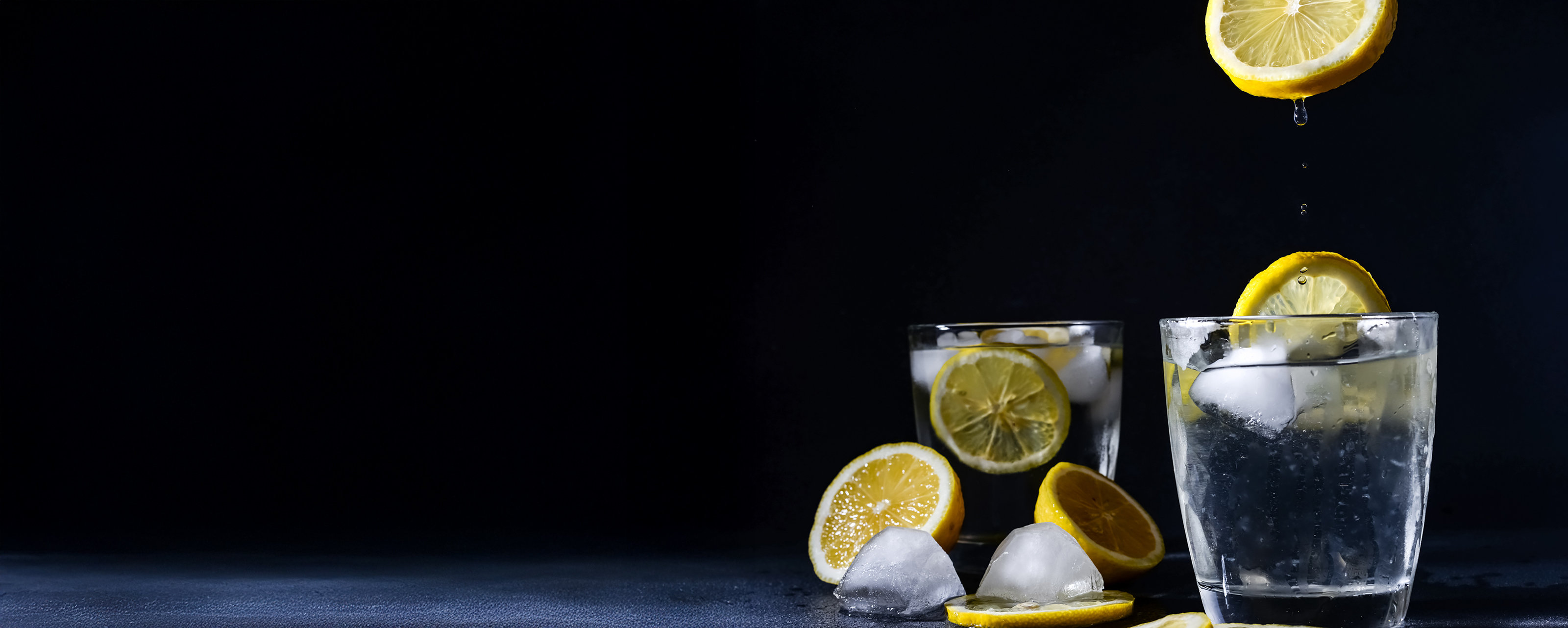 zwei Wassergläser mit Eiswürfeln und Zitronenscheiben zwei Wassergläser mit Eiswürfeln und Zitronenscheiben vor schwarzem Hintergrund