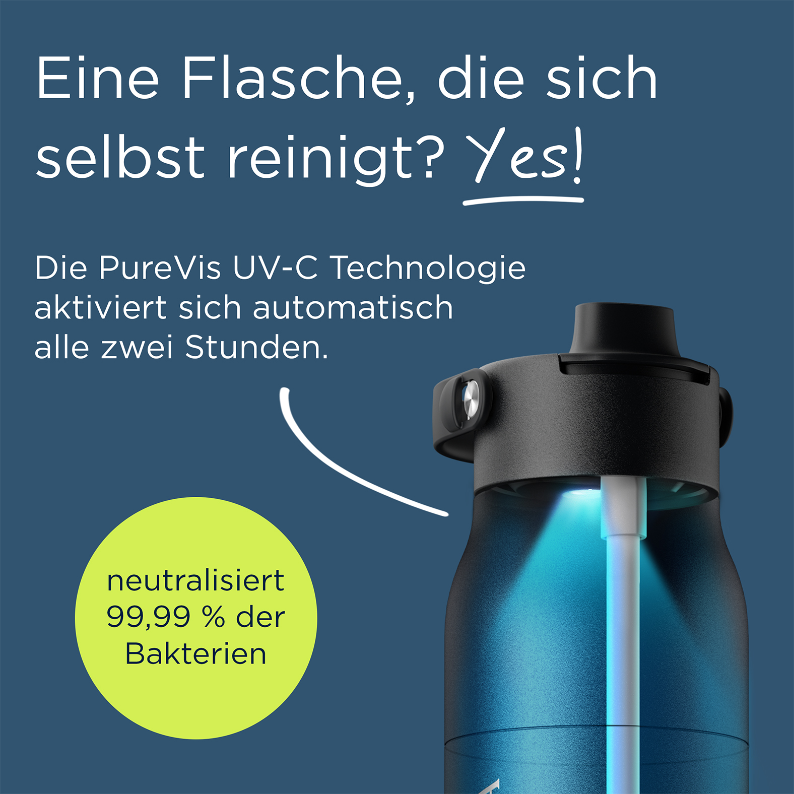 Grafik: Selbstreinigende BRITA LARQ iQ BRITA LARQ iQ Flasche mit UV-C Technologie zur Selbstreinigung.