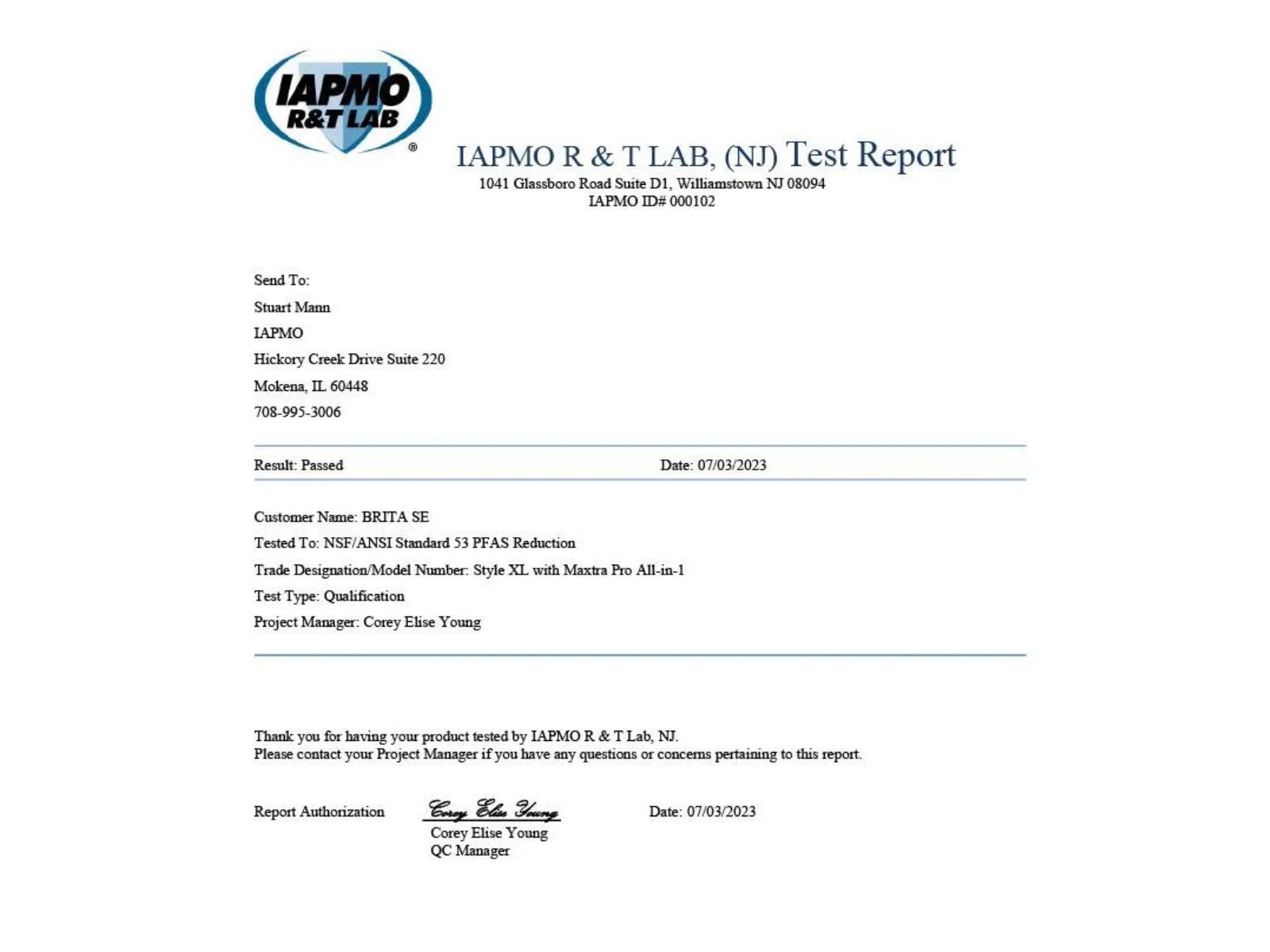 NSF/ANSI Standard 53 PFAS Reduction