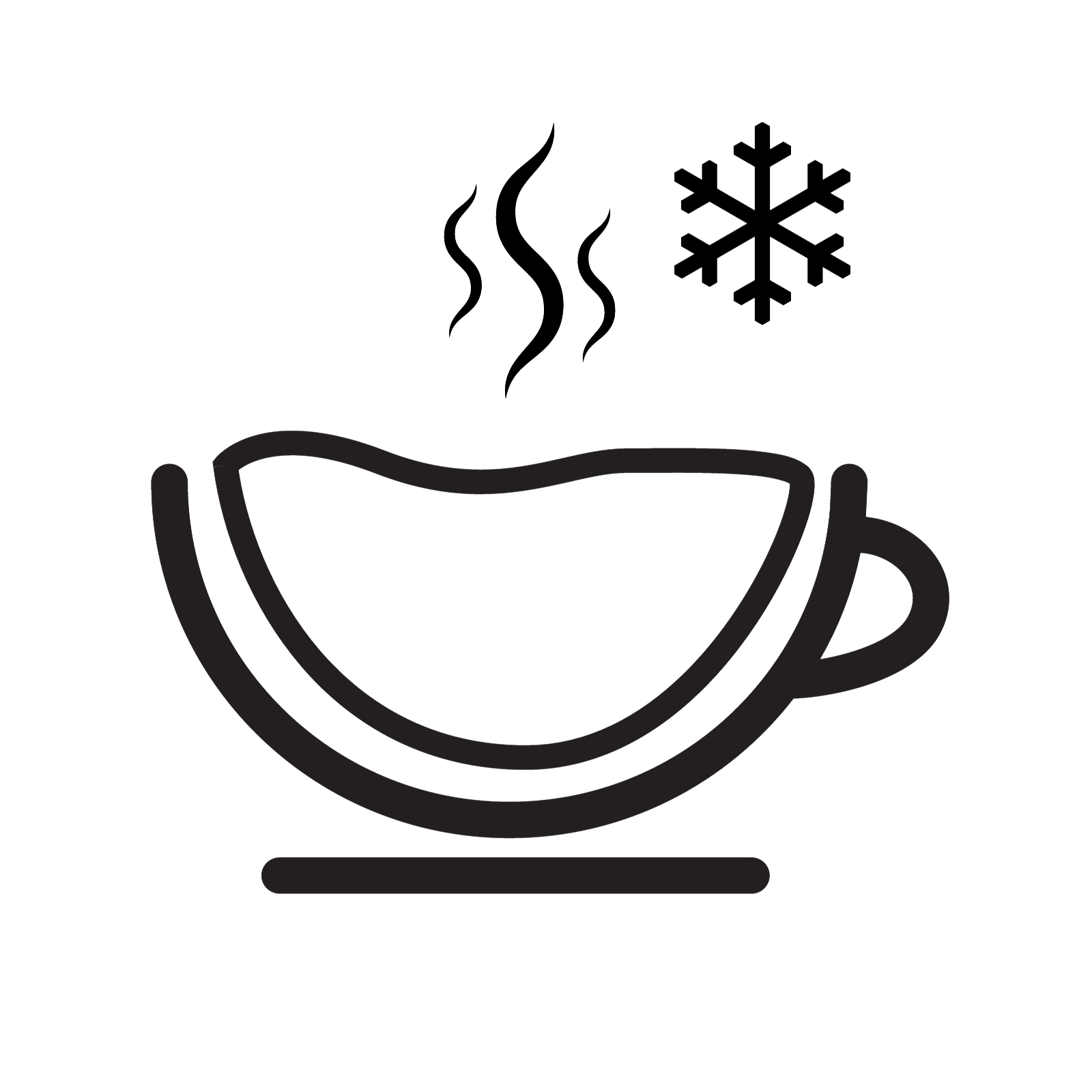 Icon einer Teetasse mit Dampf und Schneeflocke Stilisiertes Icon einer dampfenden Teetasse, mit einer Schneeflocke auf der rechten Seite