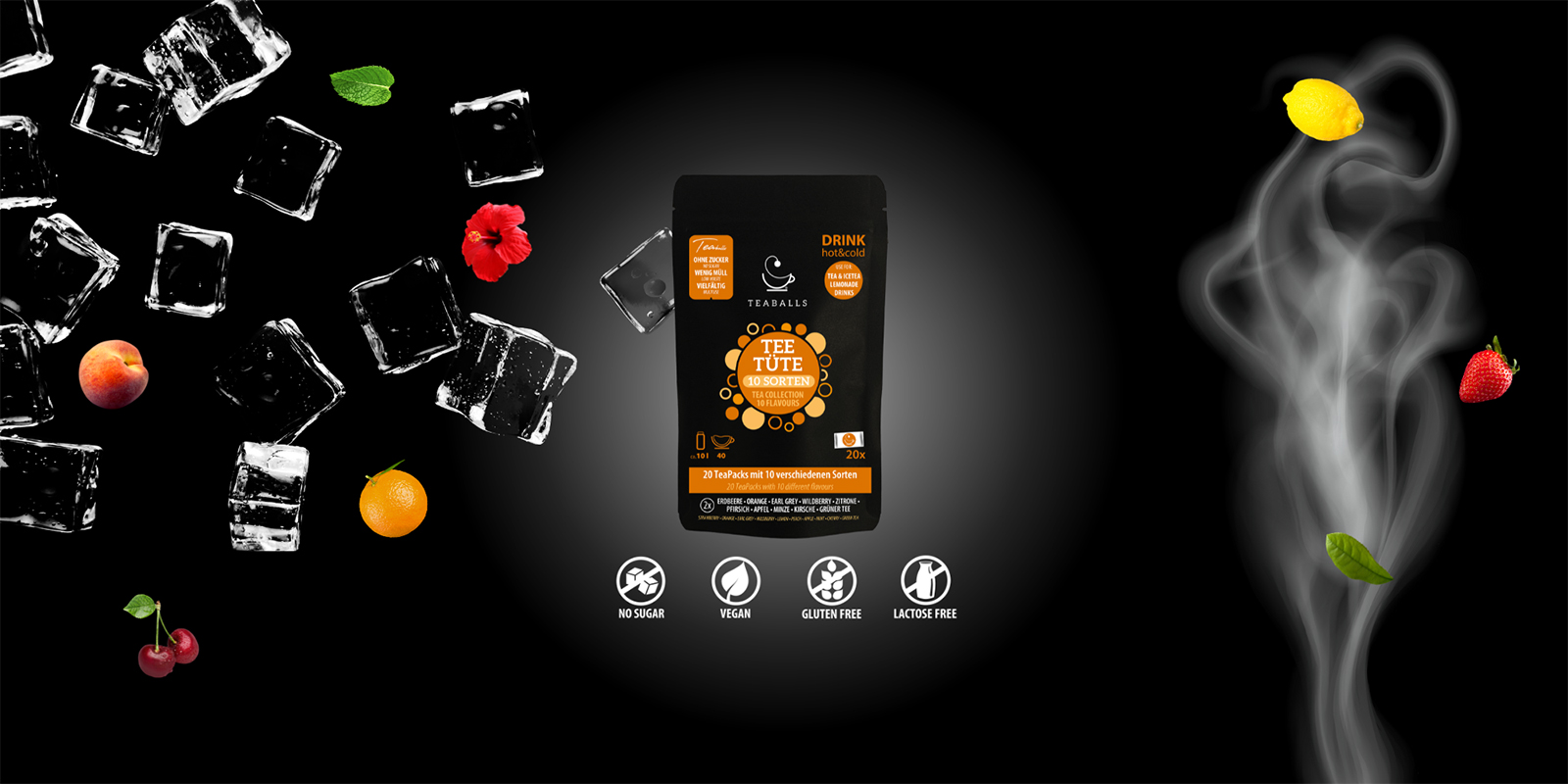 Teaballs Black Selection als Grafik Verpackung der Teaballs Black Selection umrundet von ihren Geschmacksrichtungen