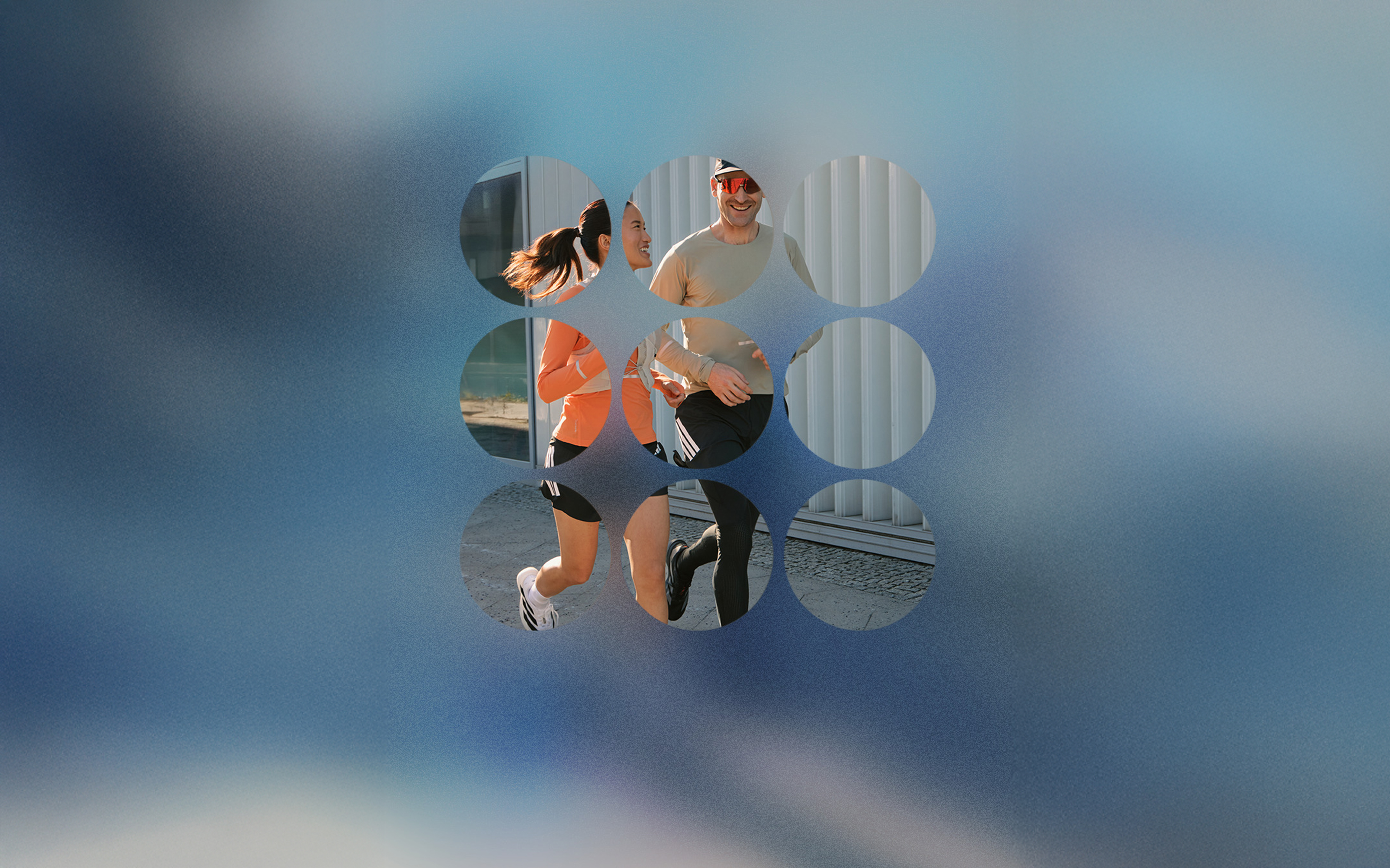 Bild einer Läuferin und eines Läufers, im Vordergrund die 9 Kreise des BRITA Logos